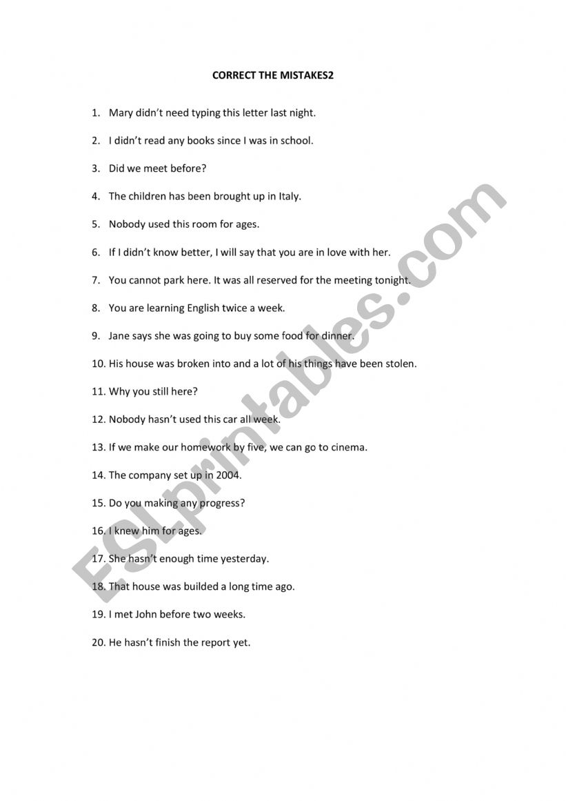 Correct the mistakes2 worksheet
