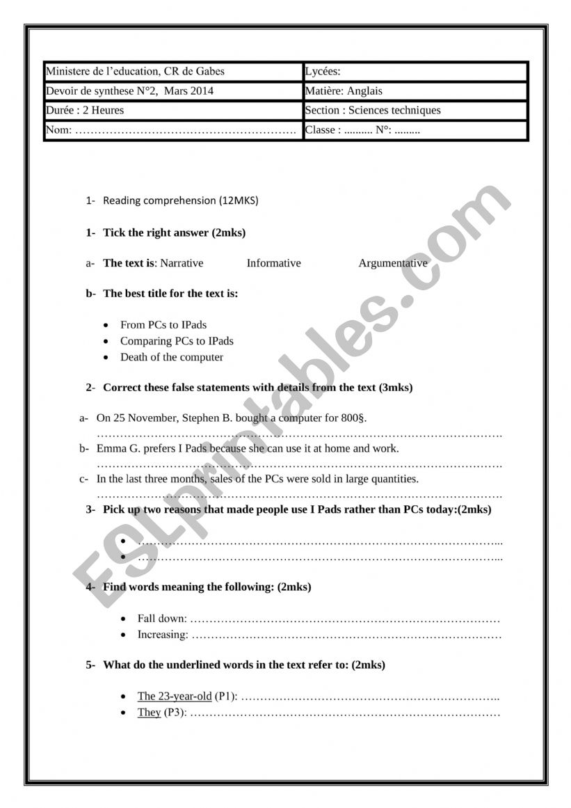 Synthese 2, 4EME worksheet