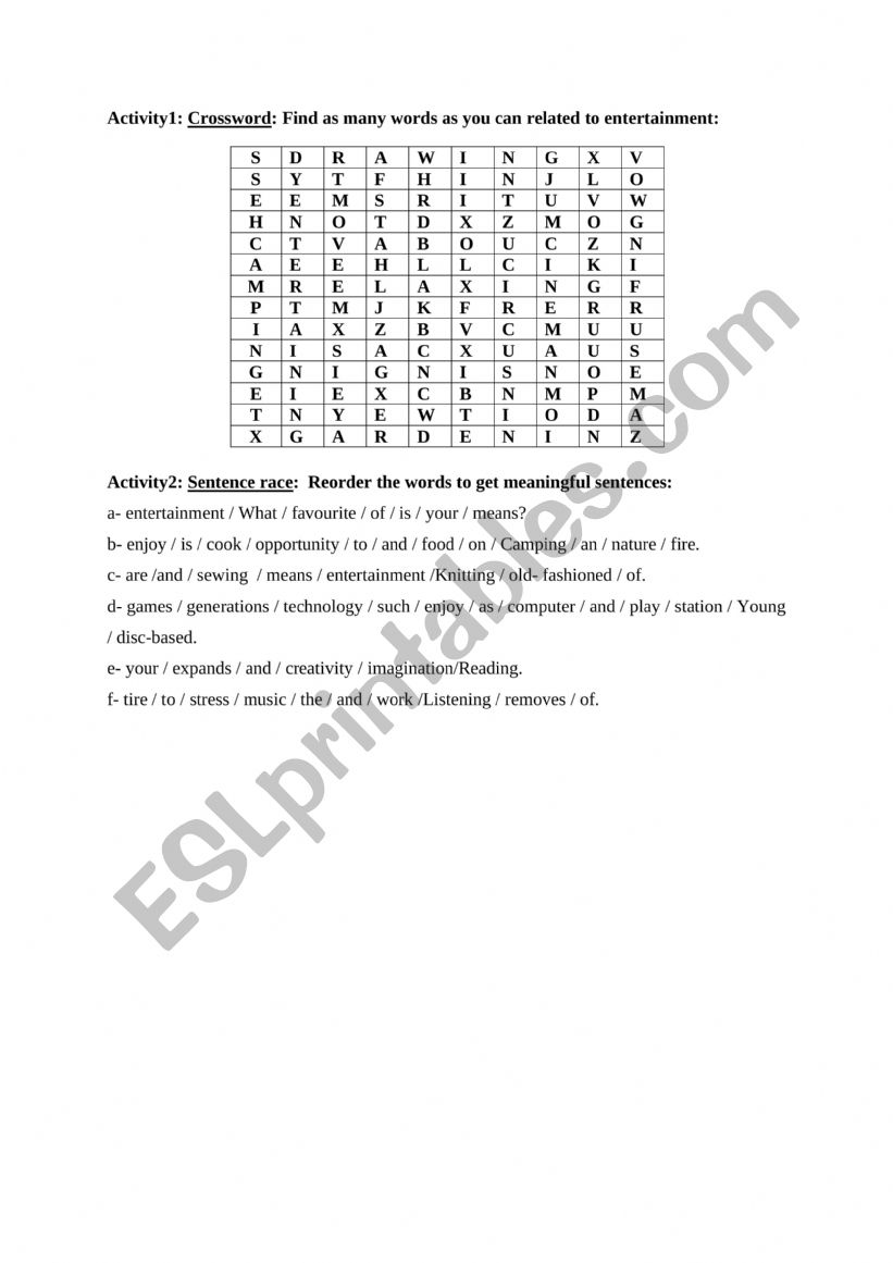 entertainment worksheet