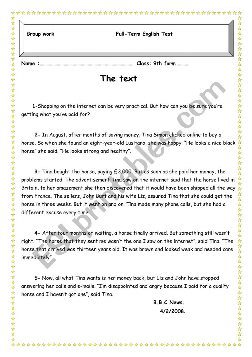 The Internet (Test 9th grade …: English ESL worksheets pdf & doc