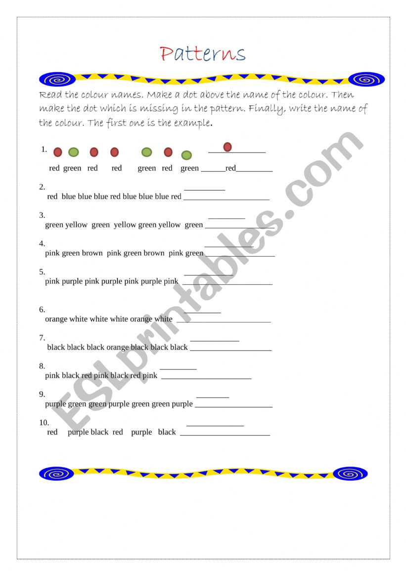 Colour name patterns worksheet