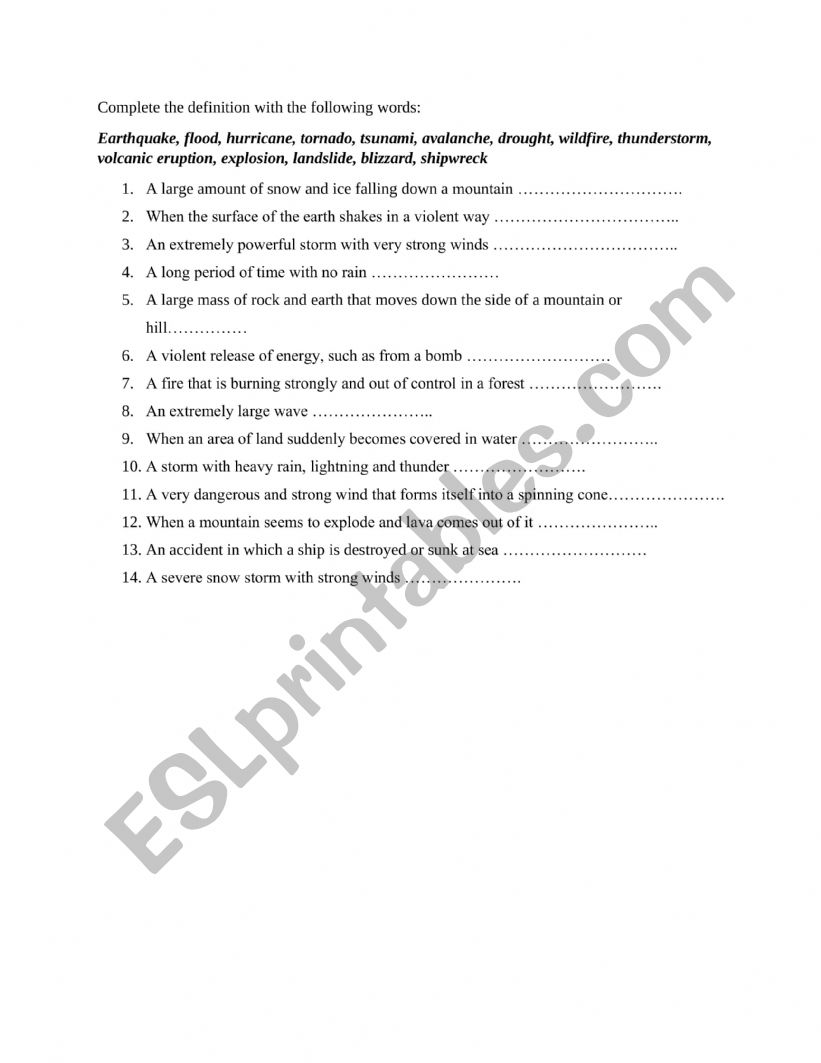 Natural phenomena worksheet