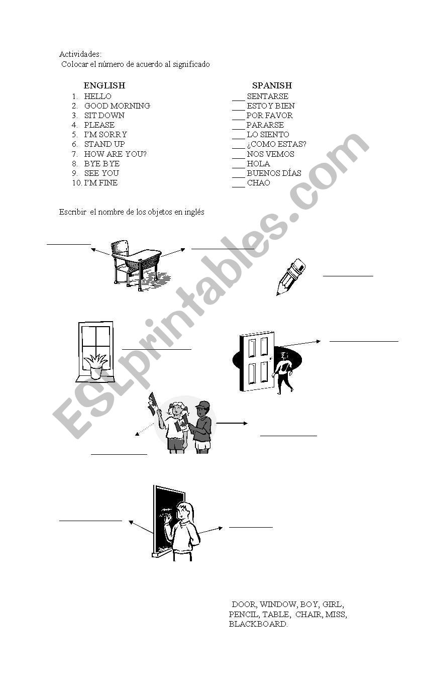 greetings and the classroom worksheet