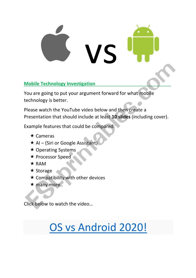 Androind vs Apple worksheet