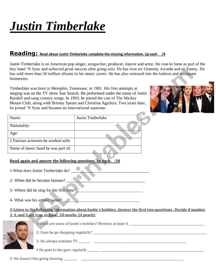 Justin Timberlake  worksheet