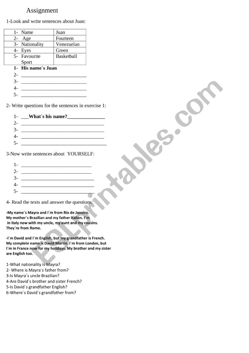 Elementary Assignment worksheet