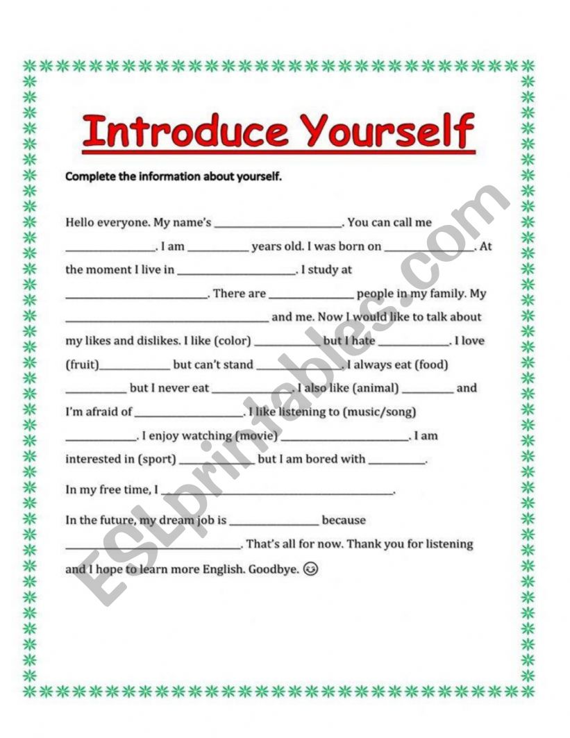 Introducing Yourself worksheet