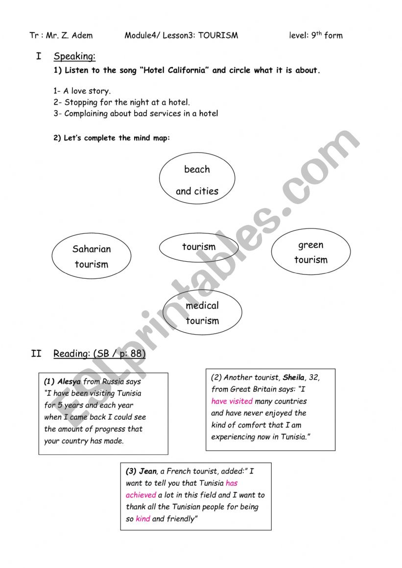 tourism - worksheet - 9th form