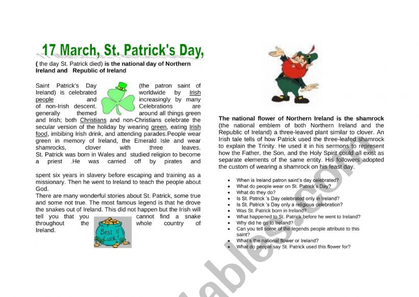 Saint Patrickï¿½s Day - Esl Worksheet By Joelintonfreitas