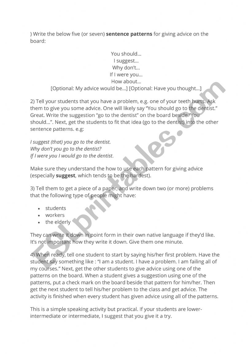 Giving advice- game worksheet