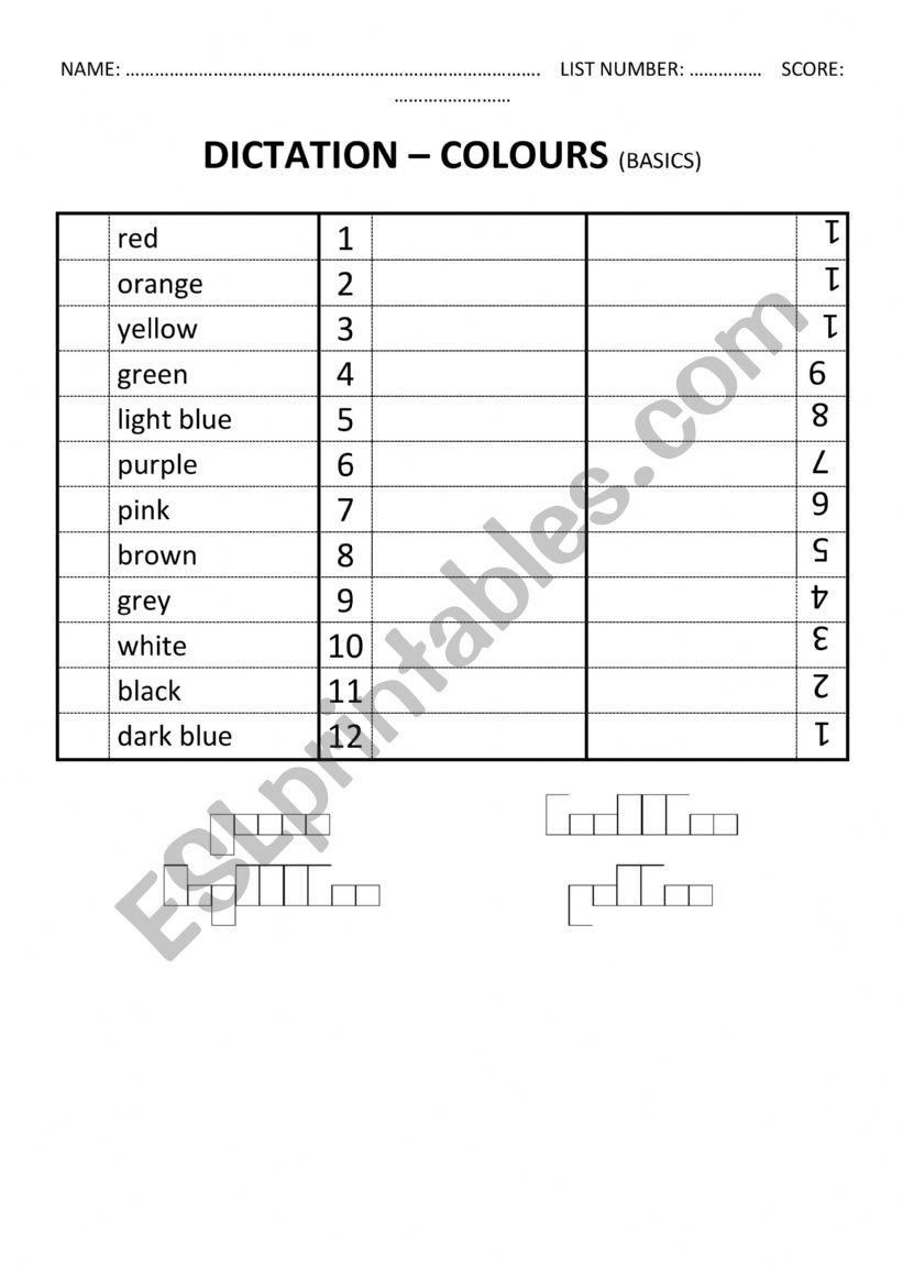 Word Shapes Dictation Worksheet (COLOURS)