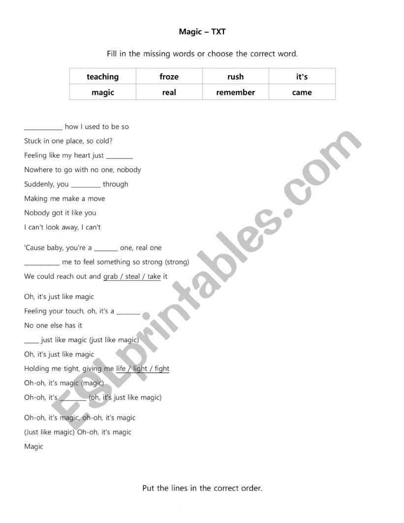 Magic by TXT. Lyrics Worksheet - ESL worksheet by Moana