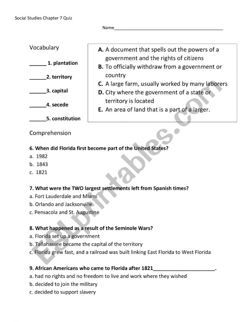 Social Studies Quiz worksheet