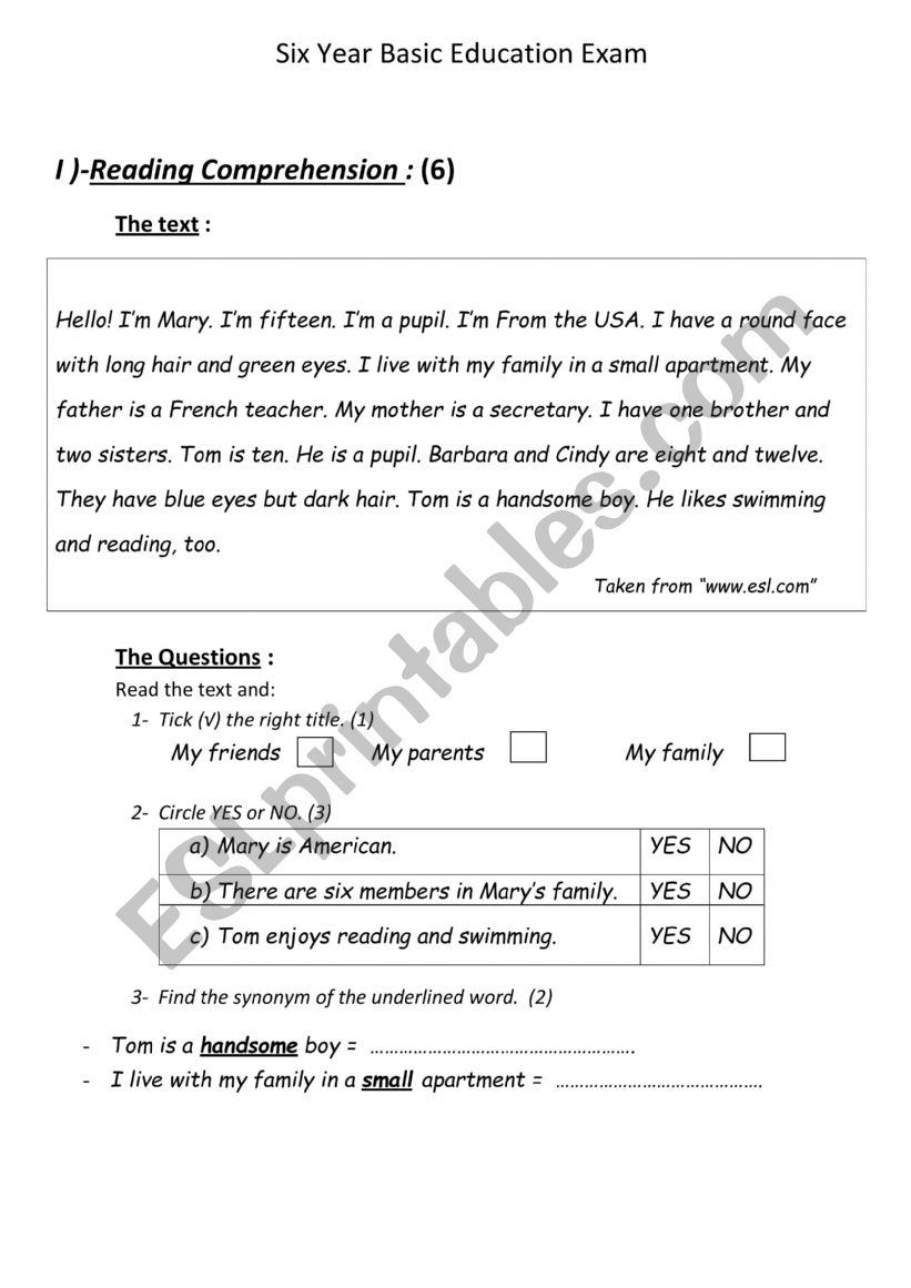 Exam for elementary learners  worksheet