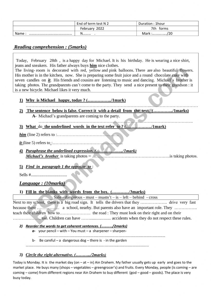 End of term test 2 (7th form) worksheet