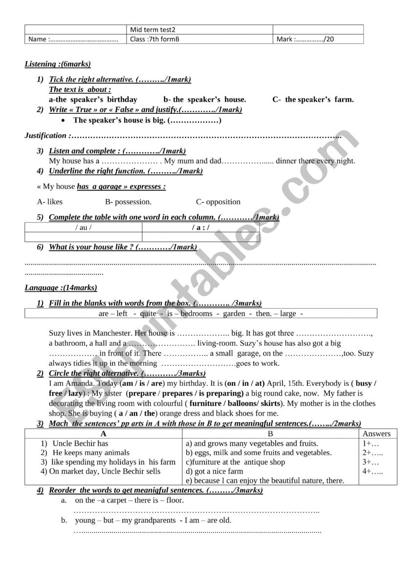 Mid term test2 (7th form) worksheet