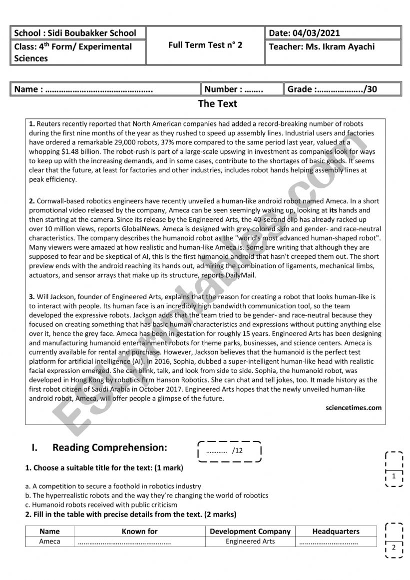 4th Form - Experimental Sciences - Full Term Test n 2