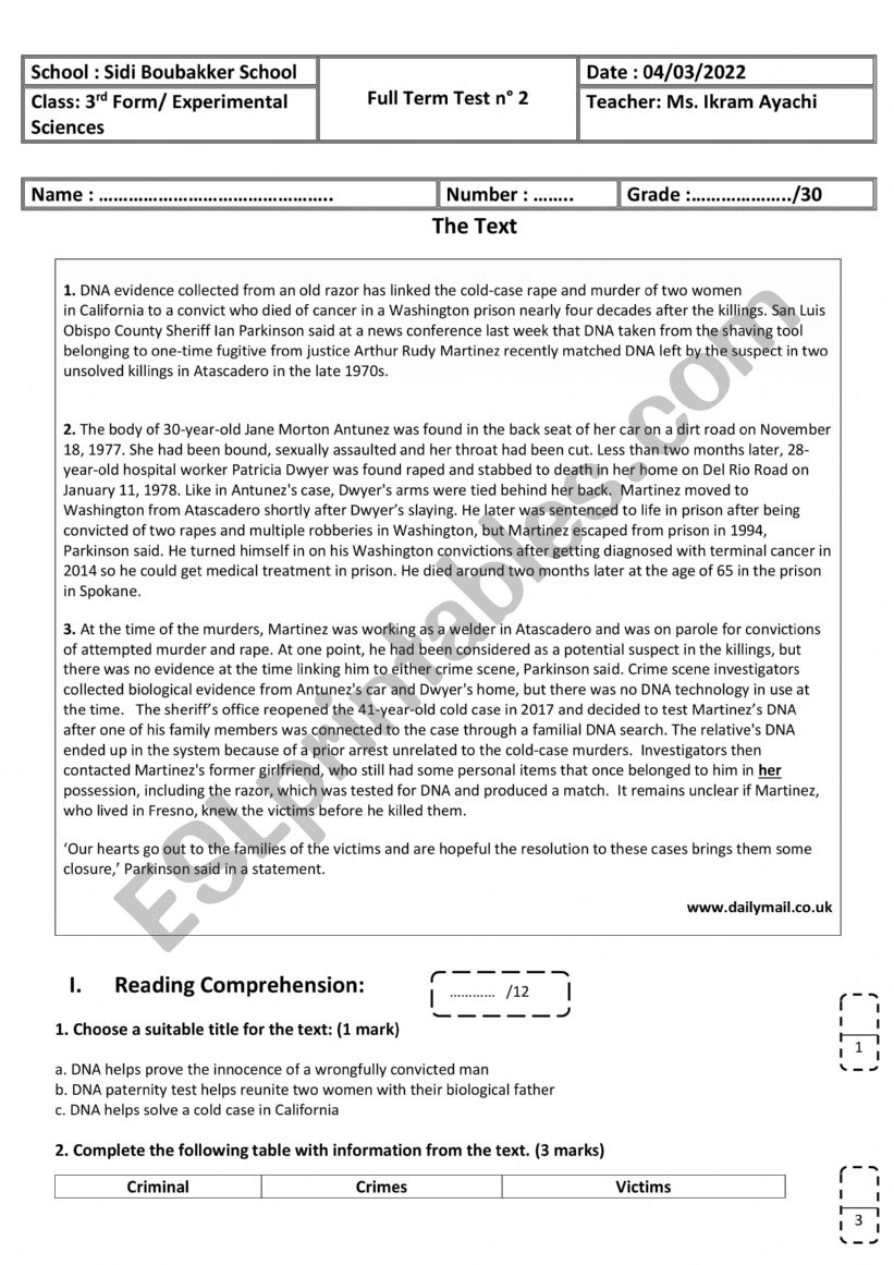 3rd Form - Experimental Sciences - Full Term Test n 2