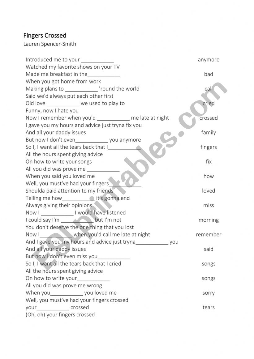 Fingers Crossed_lyrics worksheet