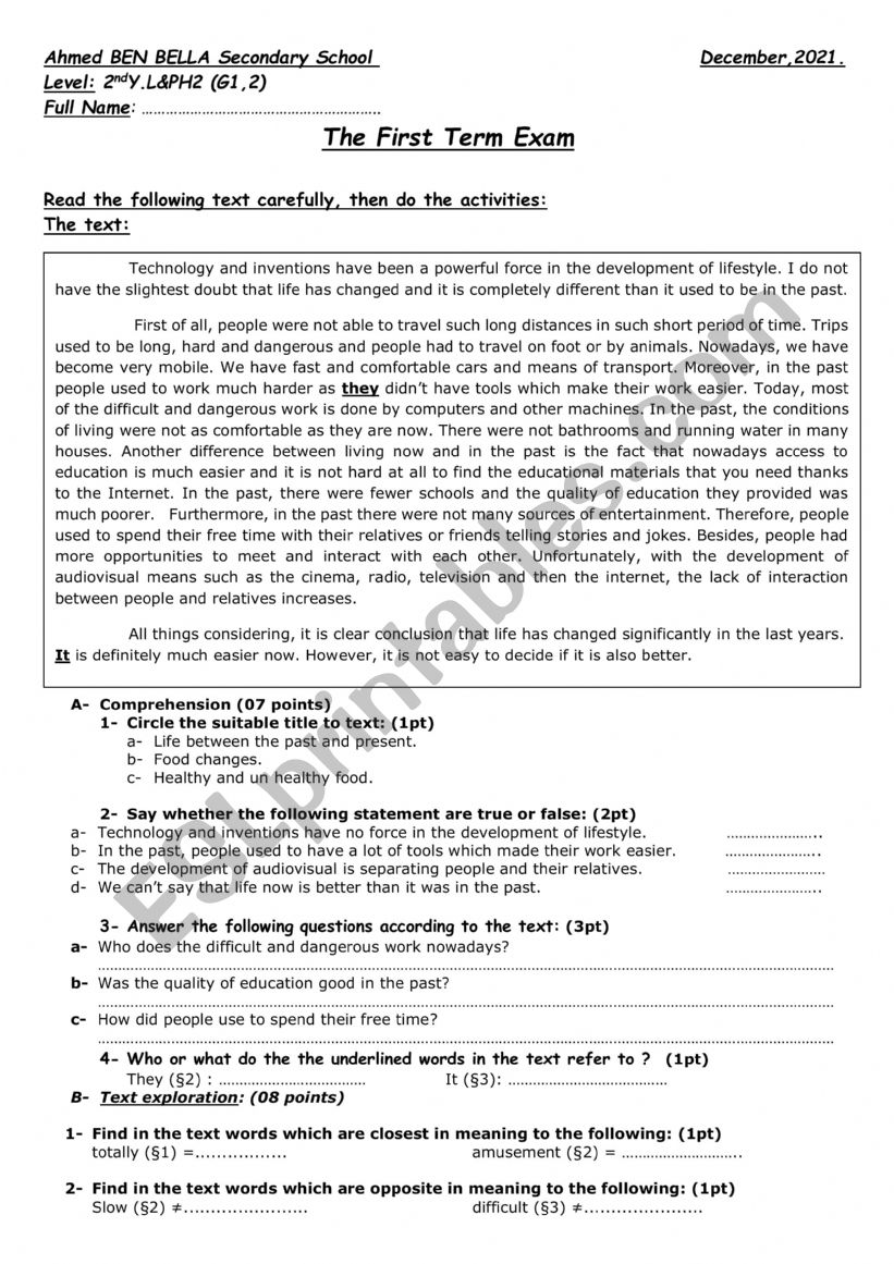 An exam (signs of the time) worksheet
