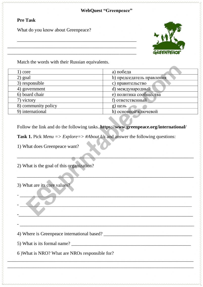 WebQuest Greenpeace worksheet