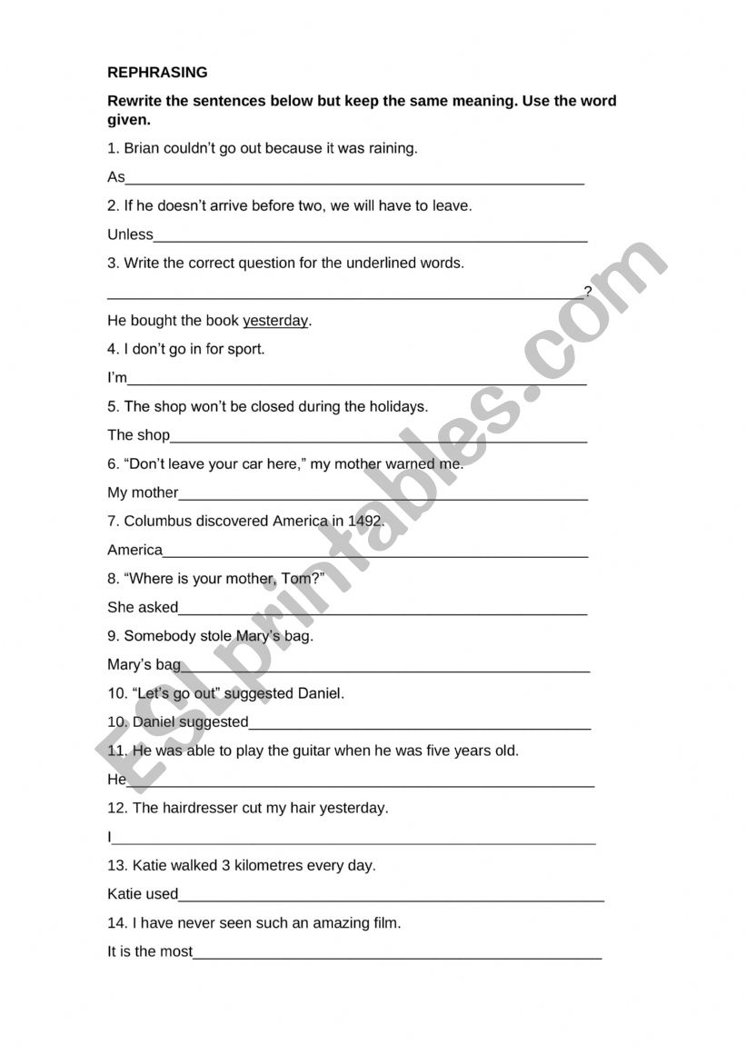 Rephrasings with key worksheet