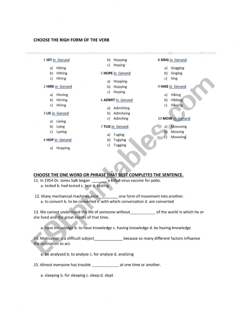 GERUND OR INFINITIVE worksheet