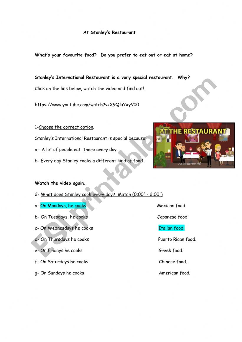 At Stanley�s Restaurant worksheet