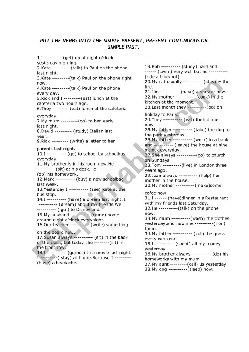 Present and past tenses worksheet