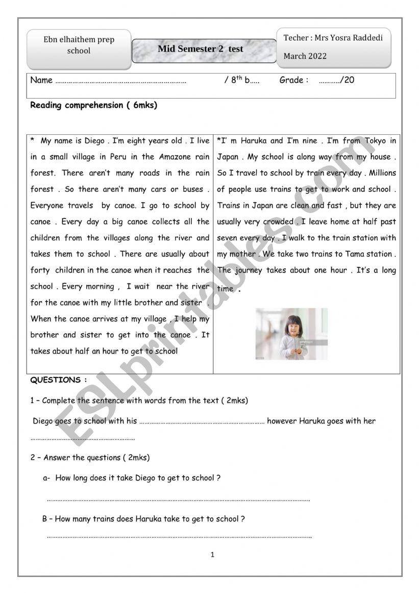 End term 2 test 8 th form worksheet