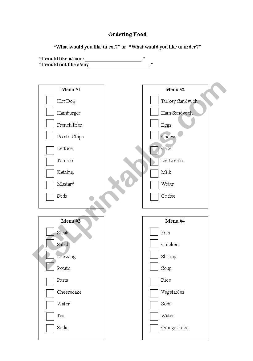 Ordering Food worksheet