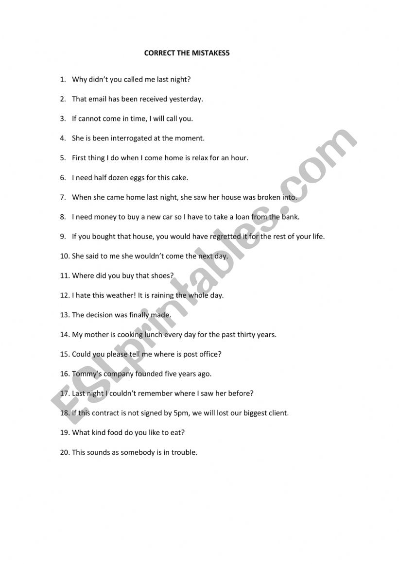 CORRECT THE MISTAKES 5 worksheet