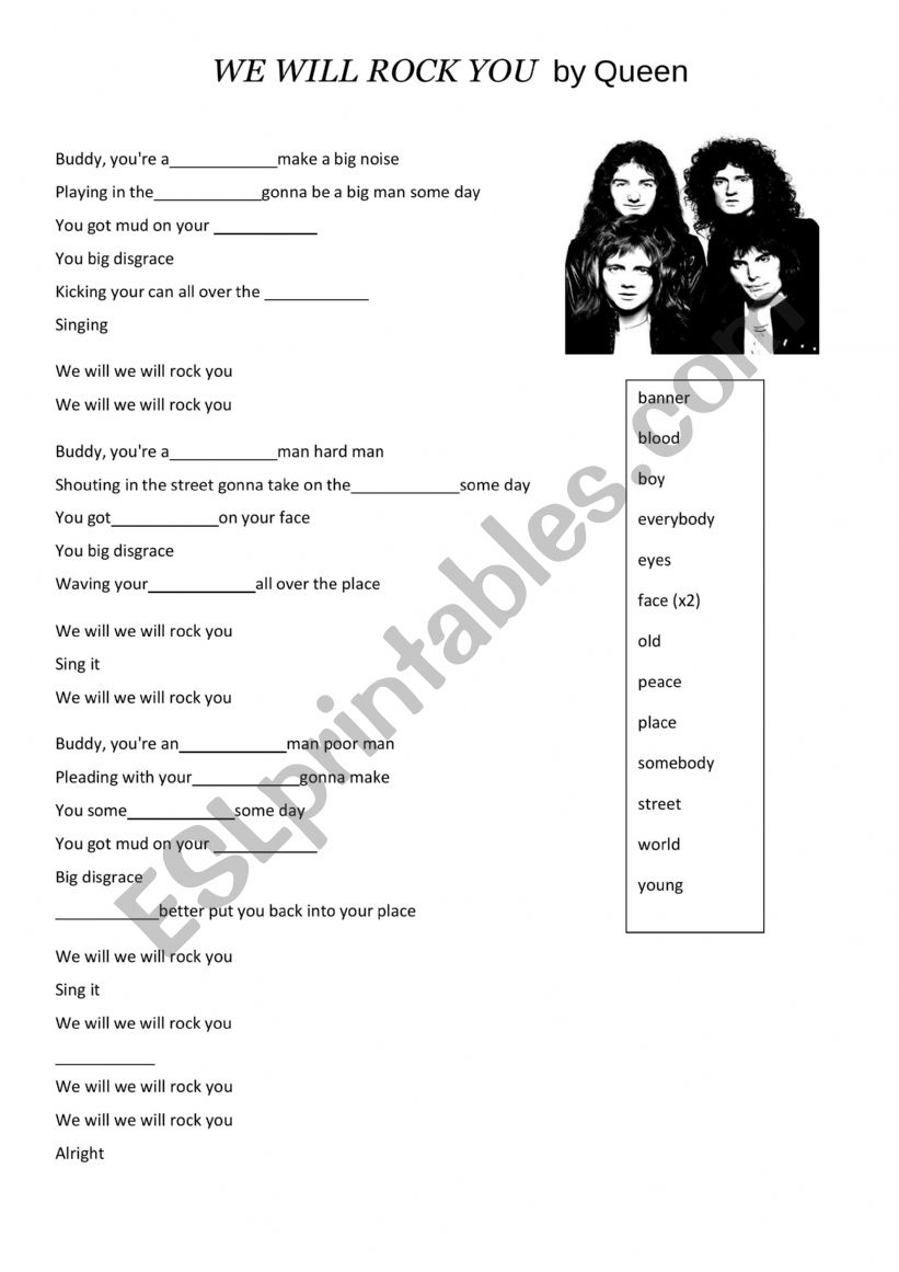 Queen - LyricsTraining worksheet