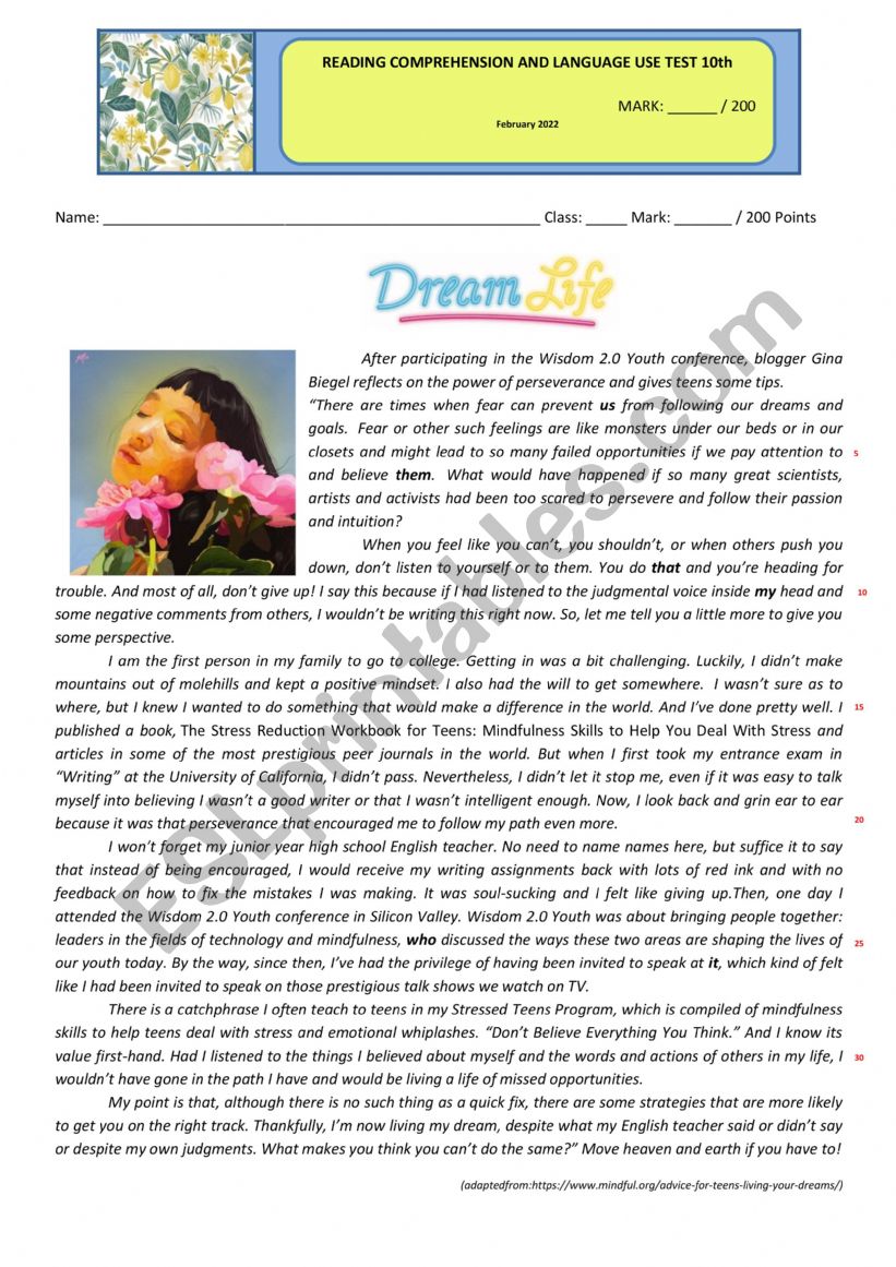 Test - Dream Life worksheet