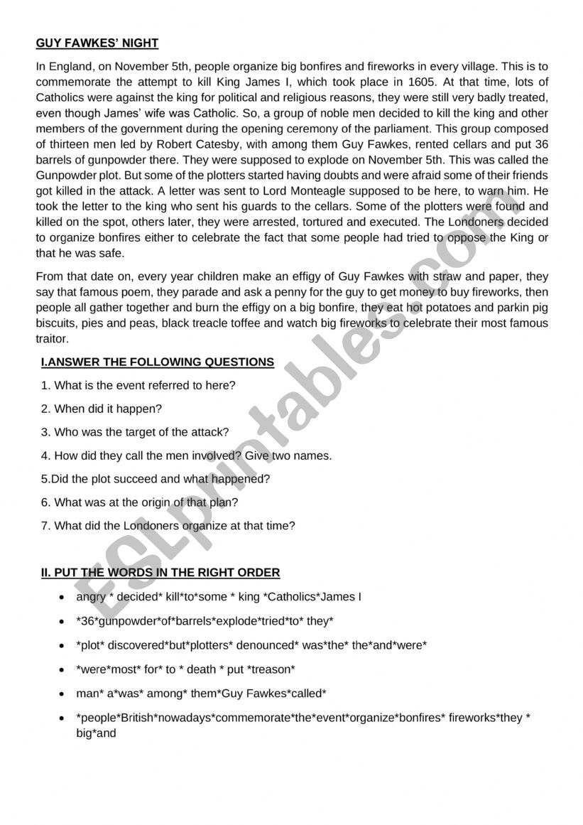 Guy Fawkes night worksheet