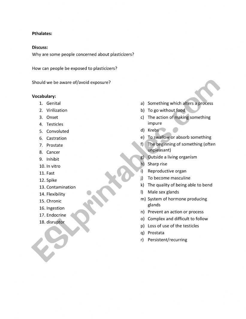 Pthalates worksheet