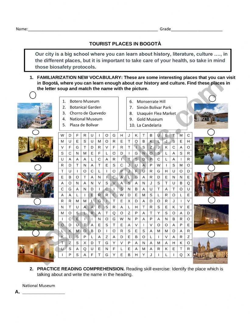 TOURIST PACES IN BOGOTA worksheet