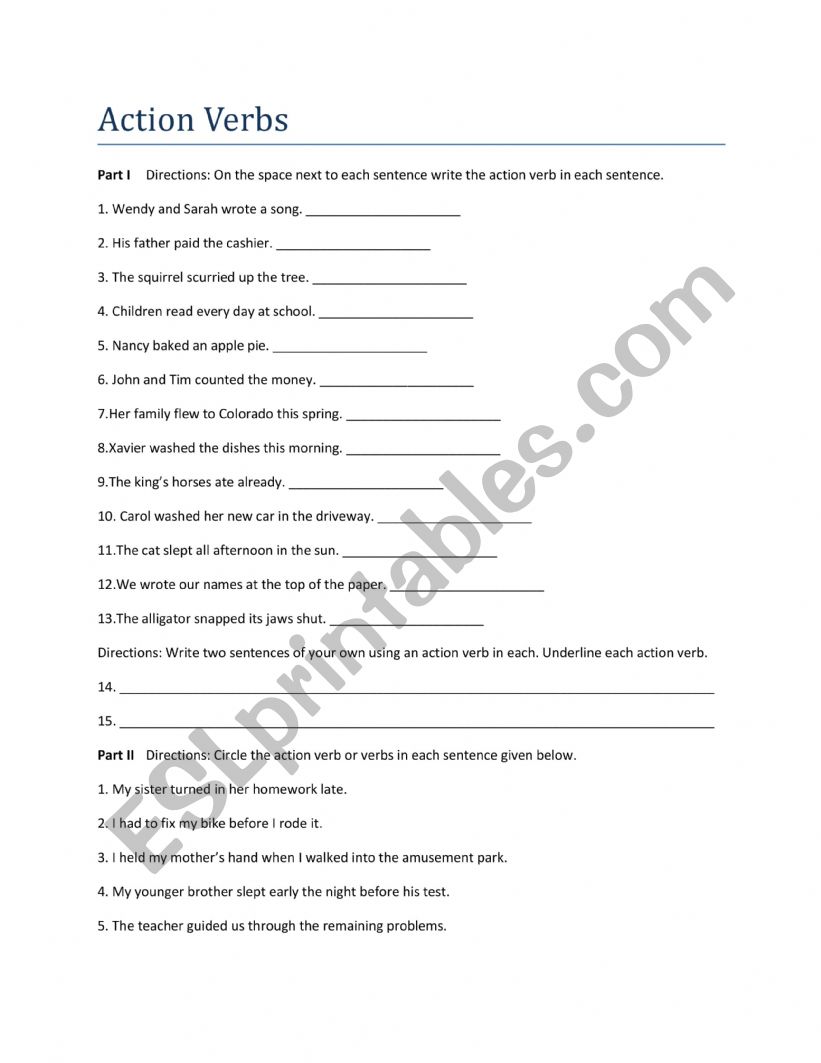 Action Verbs worksheet