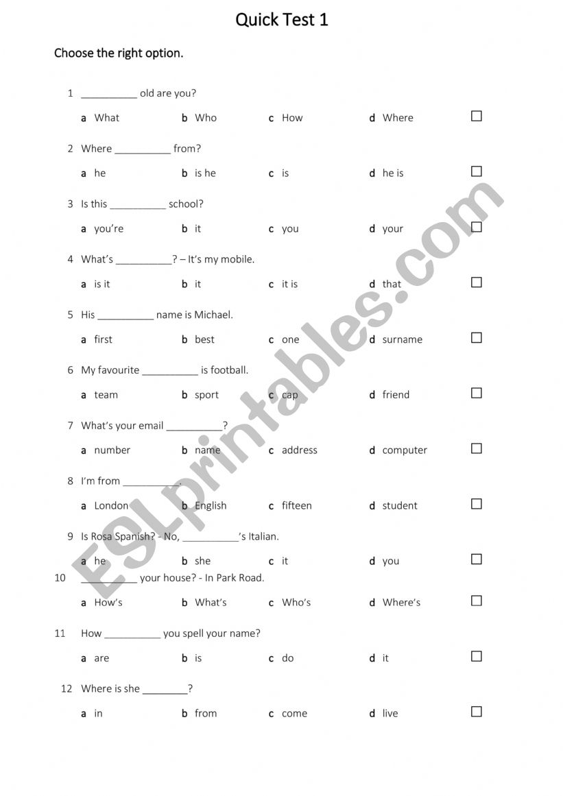 Quick tests worksheet