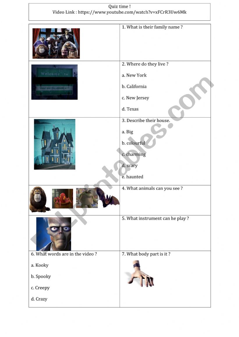 Addams Family worksheet