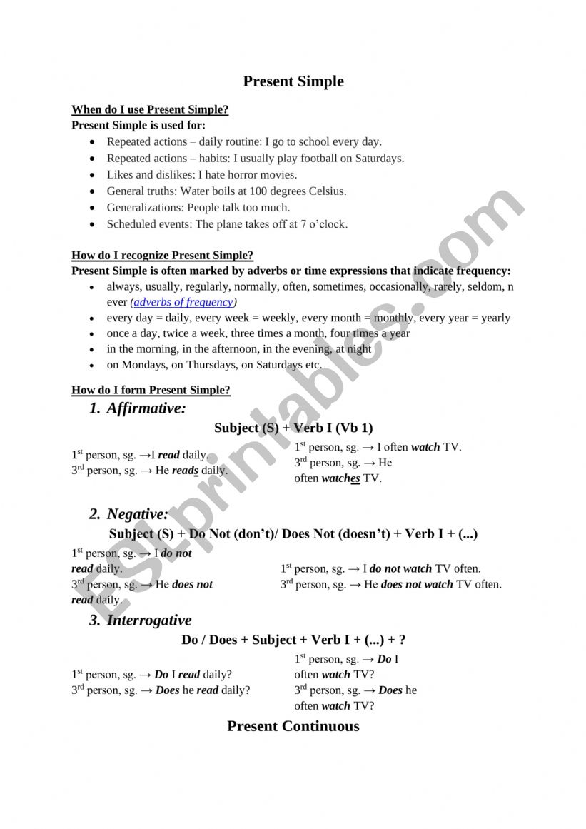 Present Simple and Continuous worksheet