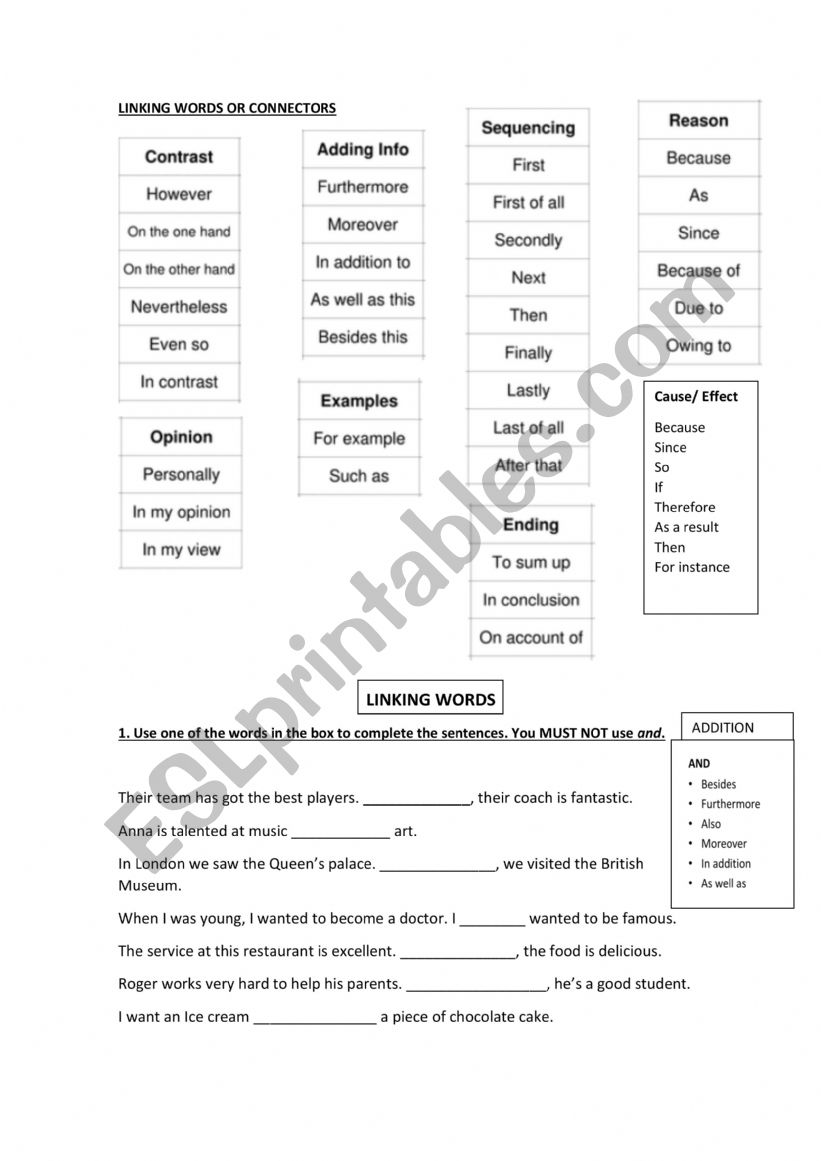 linking words worksheet