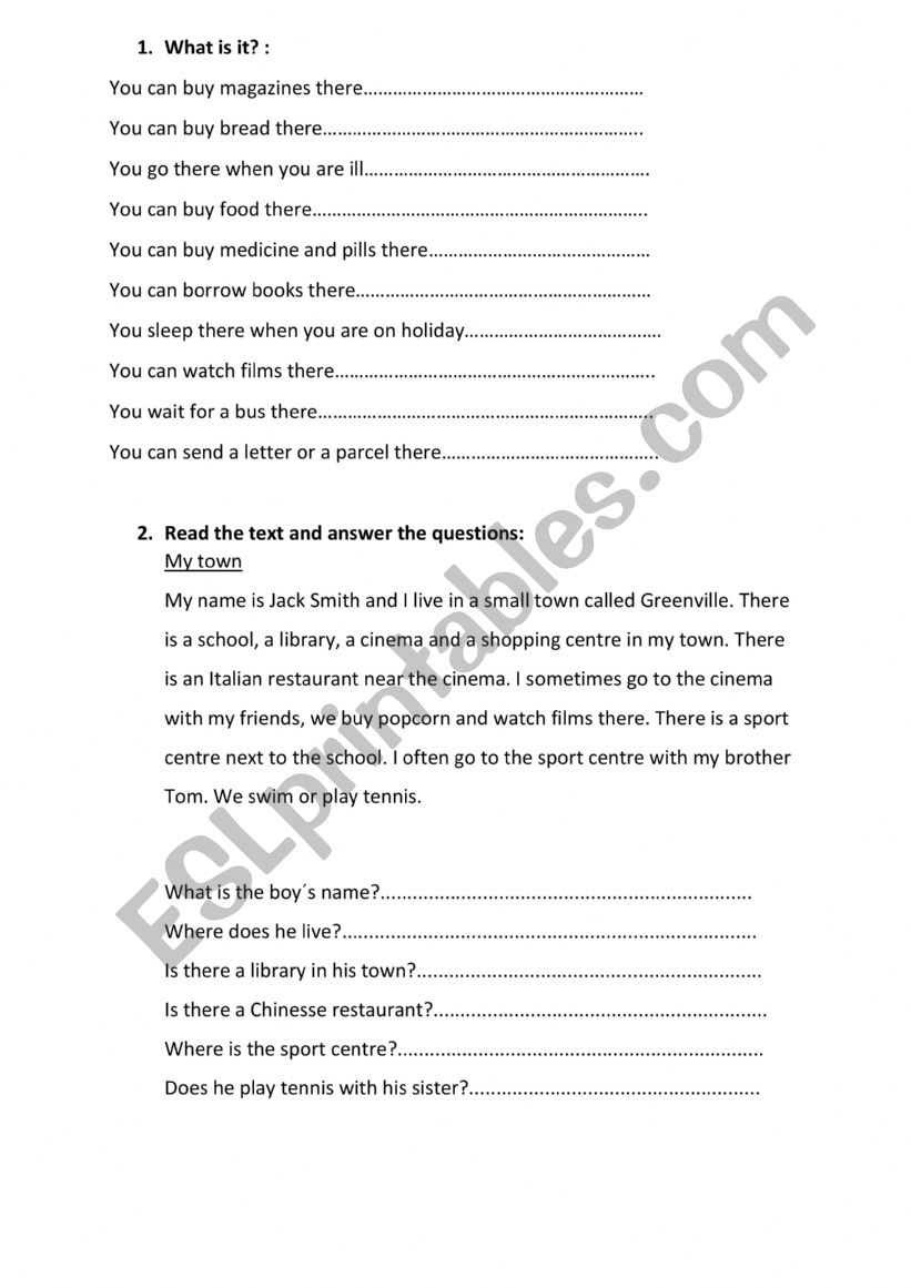 Places in a town worksheet