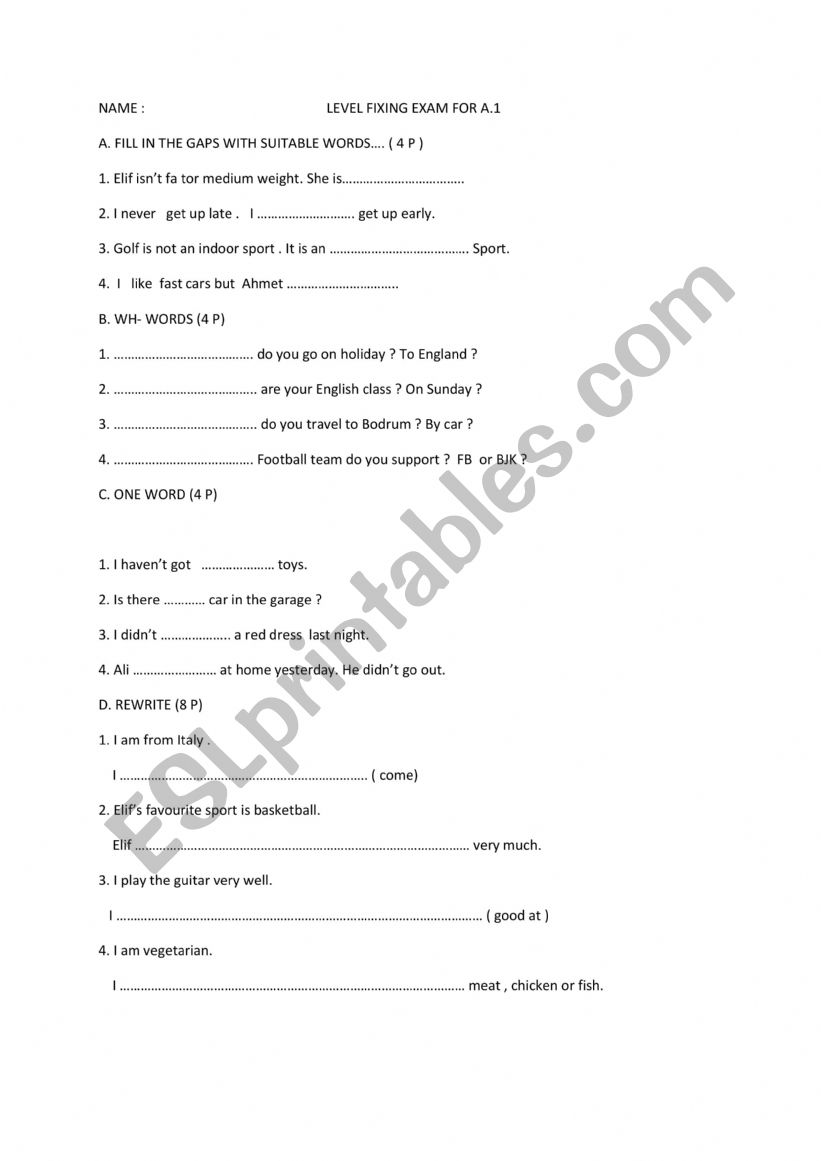 level fixing worksheet