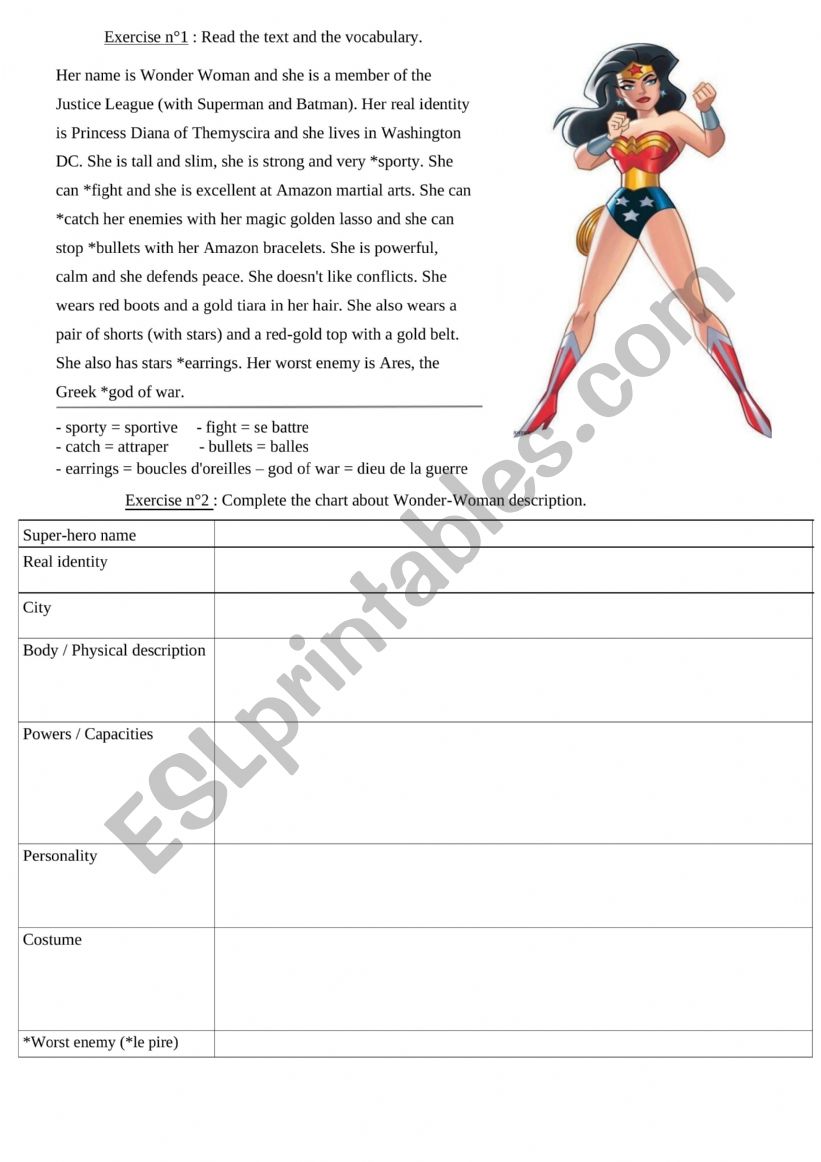Wonder Woman description worksheet