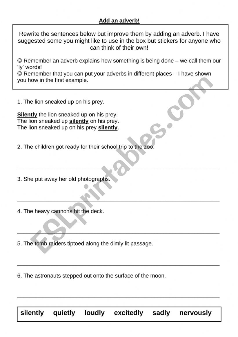 Add an adverb worksheet