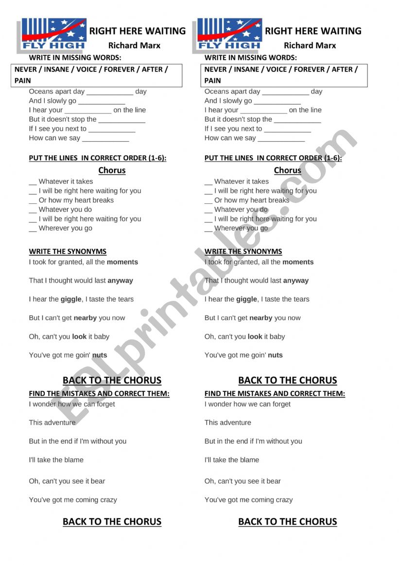 Right Here Waiting Lyrics worksheet