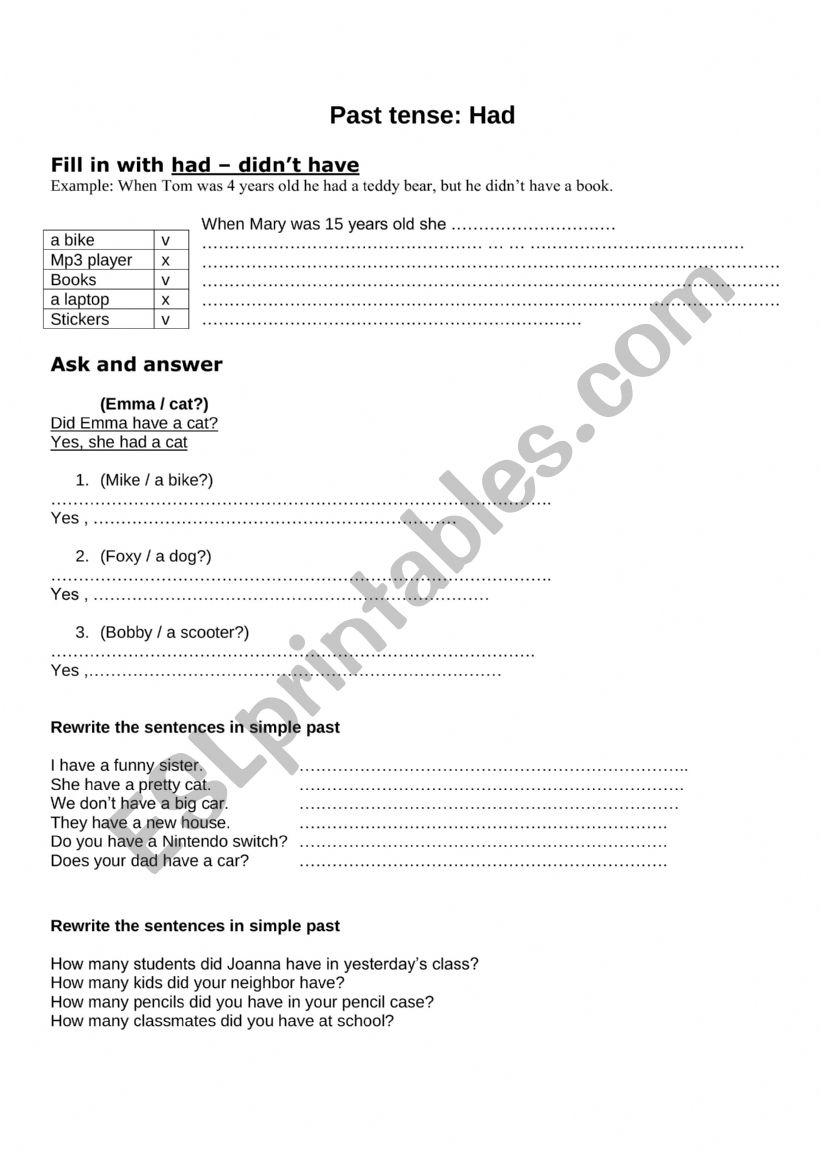 Past tense Had - ESL worksheet by Silentdawn