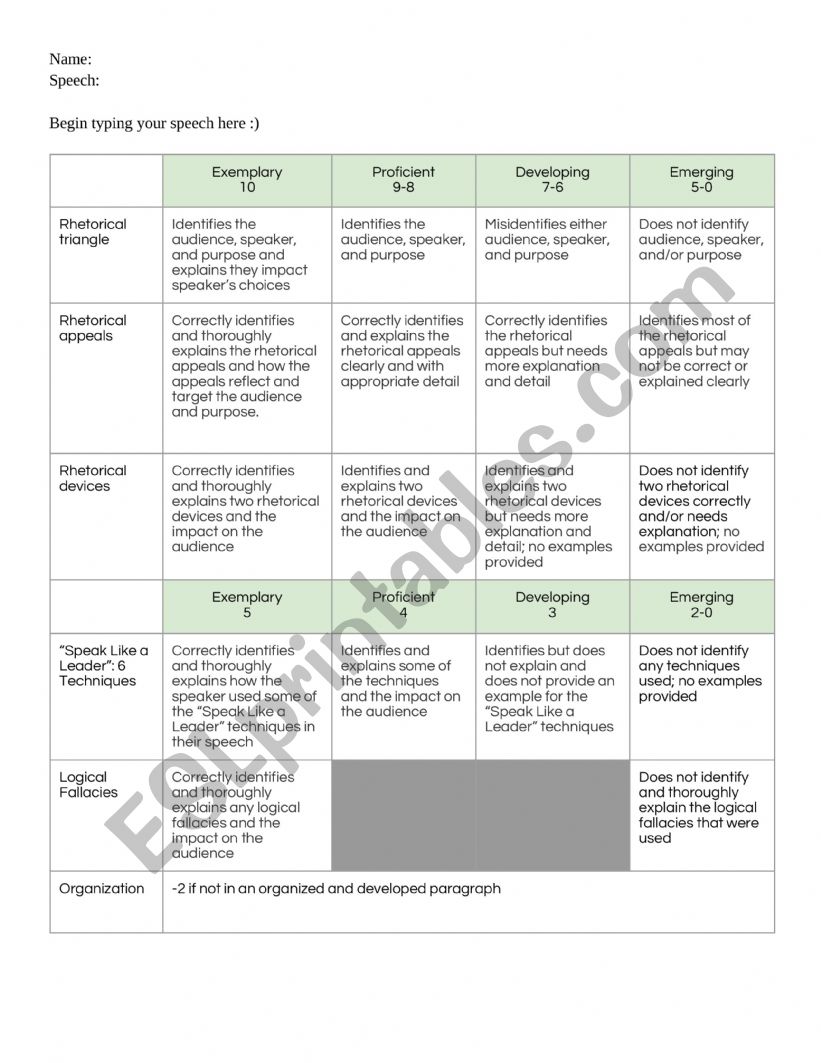 Speech rubric worksheet