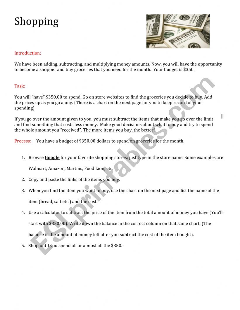 Shopping webquest worksheet